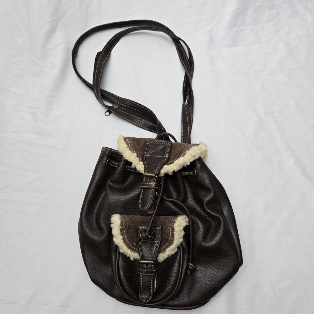 Brown Mini Backpack Faux Leather Faux Shearling Y2K Boho Indie Cowgirl